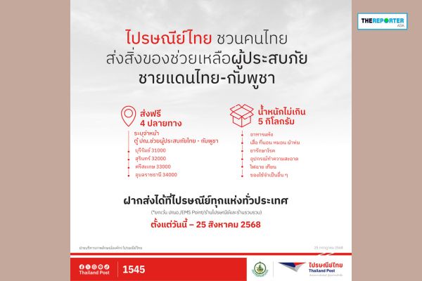 ไปรษณีย์ไทย เปิดตู้ ปณ. ช่วยผู้ประสบภัยชายแดน ส่งฟรีทั่วประเทศ