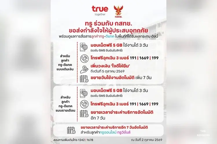 ทรู จับมือ กสทช. อุ้มผู้ประสบอุทกภัย แจกเน็ตฟรี ยืดจ่ายค่าบริการ